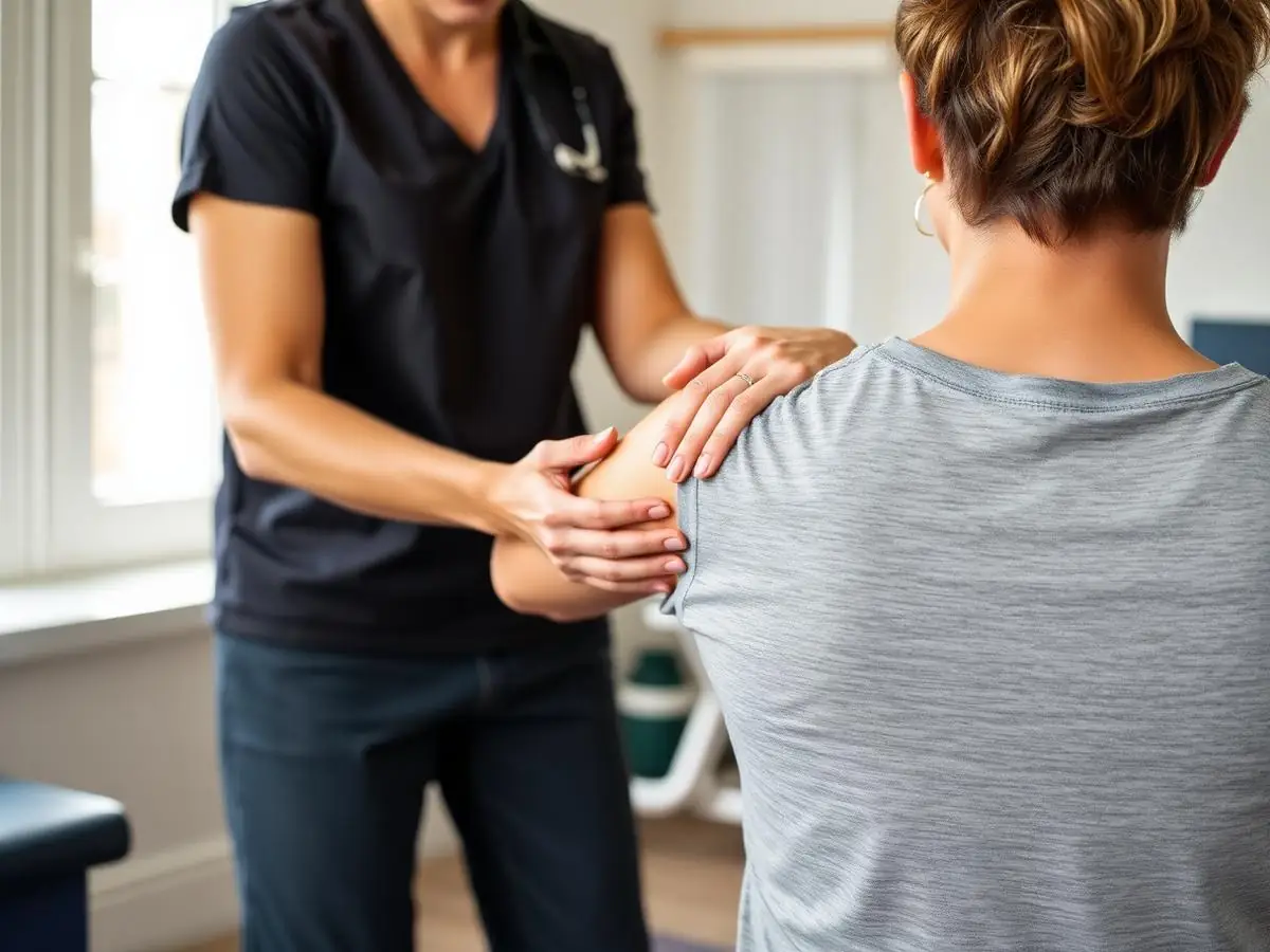 Physical therapist performing hands-on joint mobilization on a seated patient's shoulder