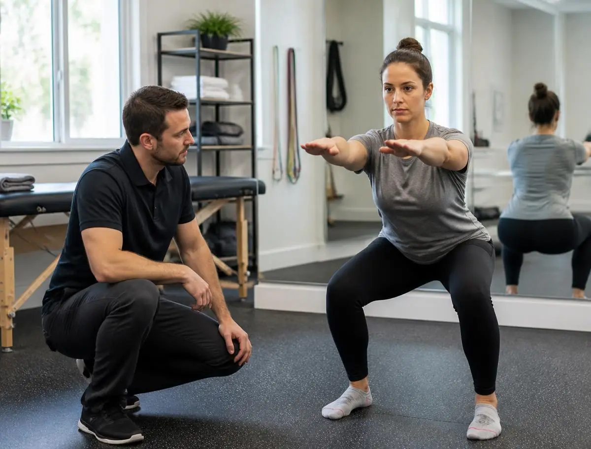 Physical therapist crouching beside a patient to observe knee and hip alignment during a squat movement screen