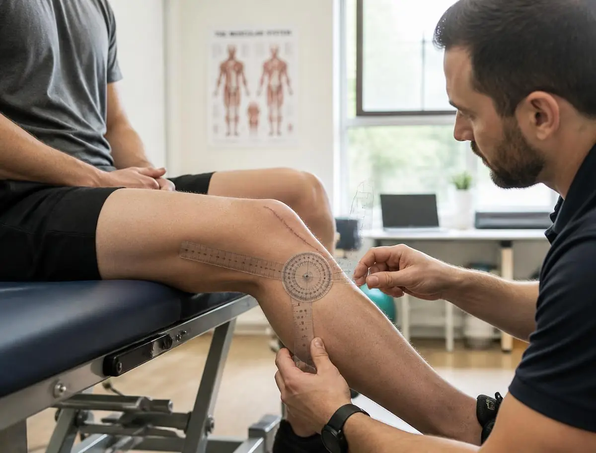 Physical therapist measuring a seated patient's knee range of motion with a goniometer after knee surgery
