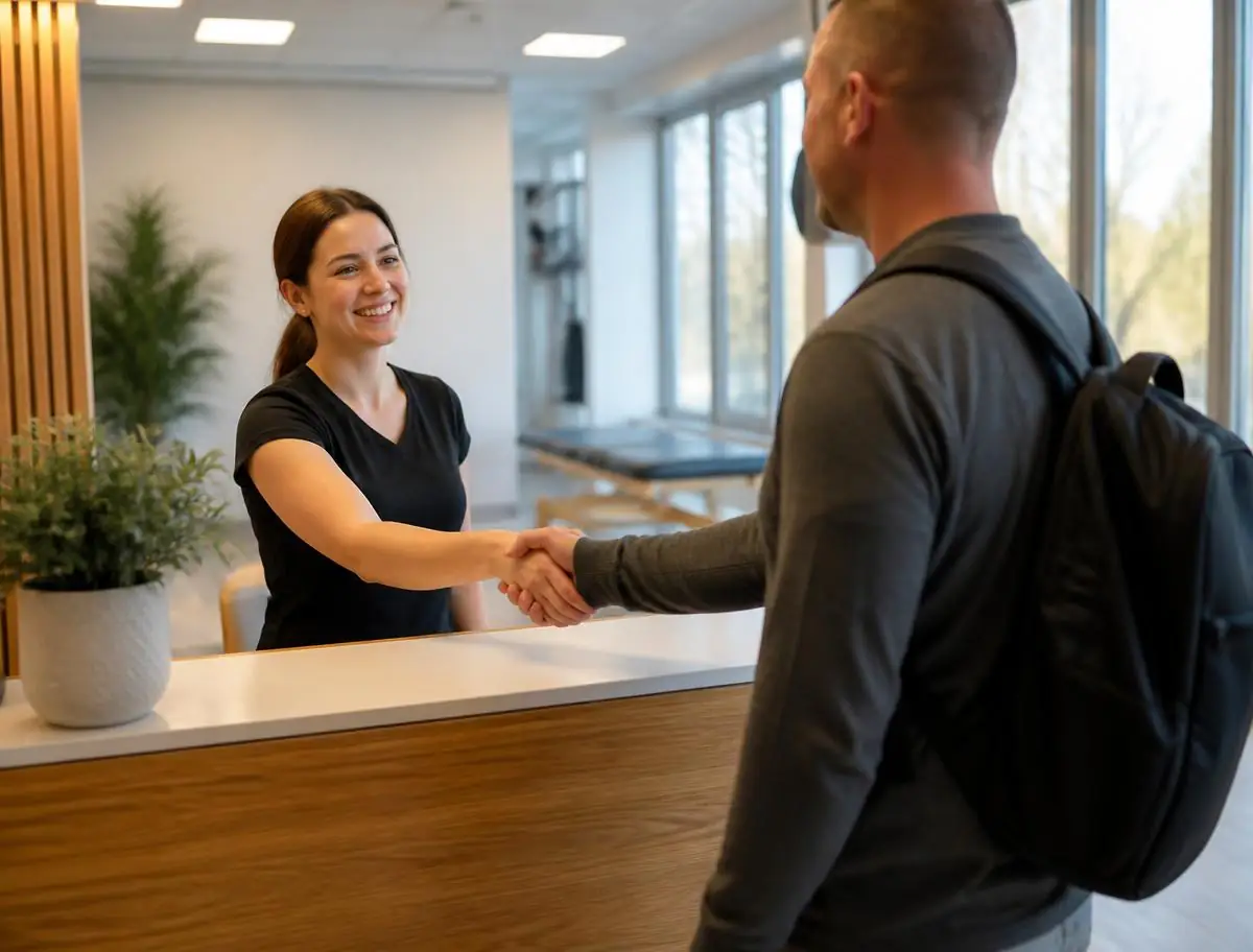 Patient being welcomed at the clinic front desk