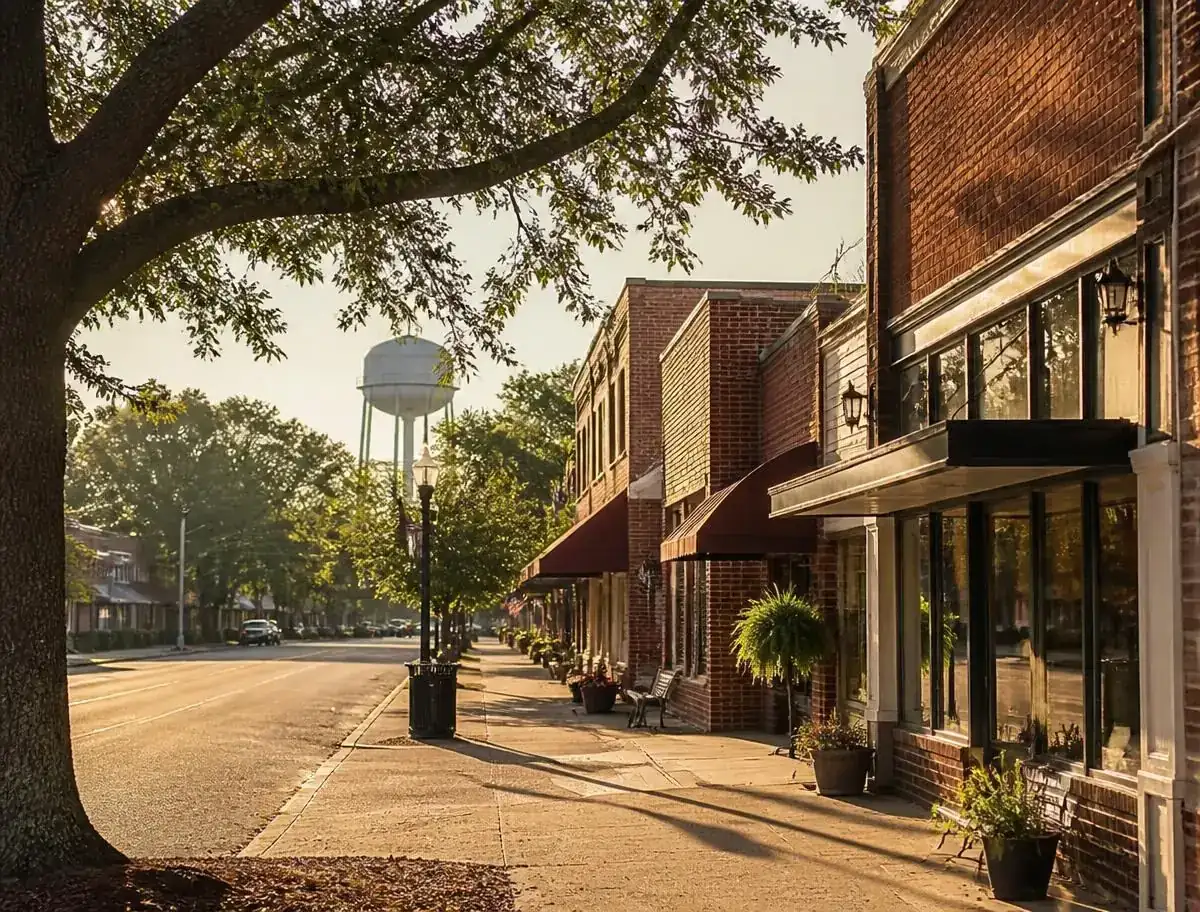 Tree-lined street in Tupelo, Mississippi on a clear morning